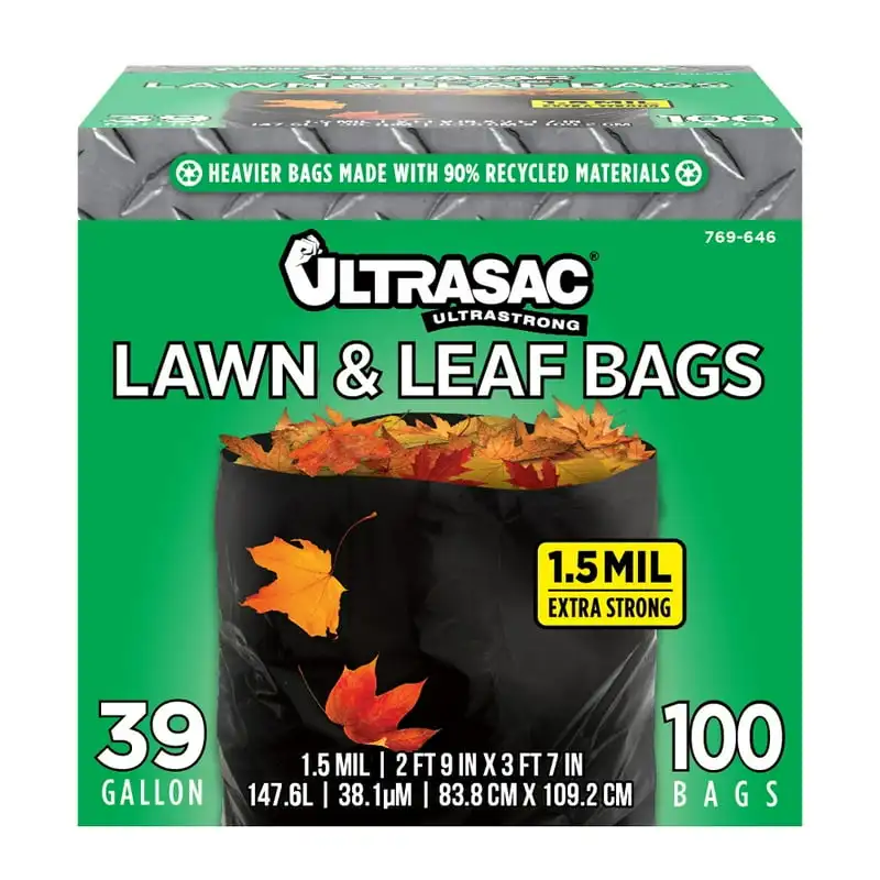 

Lawn & Leaf Cleanup Bags, 39 Gallon, 1.5 mil, 33" x 43", Black, 100 Count