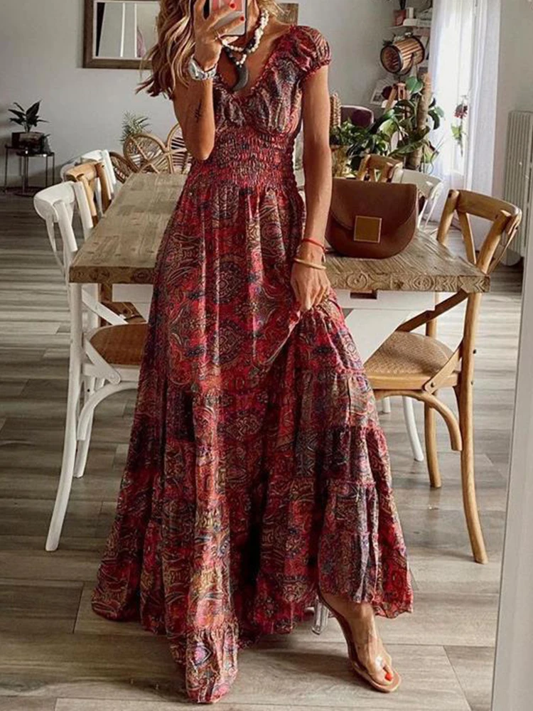 

Bohemian New 2022 Summer Long Dress Chic Women Short Sleeve Loose Hem Casual Beach Dress Fashion Print Slim Party Dress Vestidos