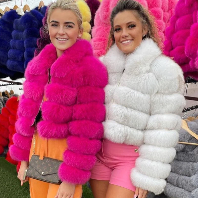 Natural Genuine Fox Fur Jacket Women Winter New Fur Strip Sewed Toghter Thicken Outertwear High Street Real Fox Fur Coat Lady