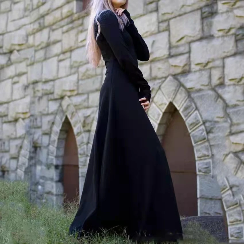 

Victorian Gothic Dress Witch Cosplay Black Medieval Costume Long Sleeve Renaissance Palace Vampire Wig Hair Halloween Fancy