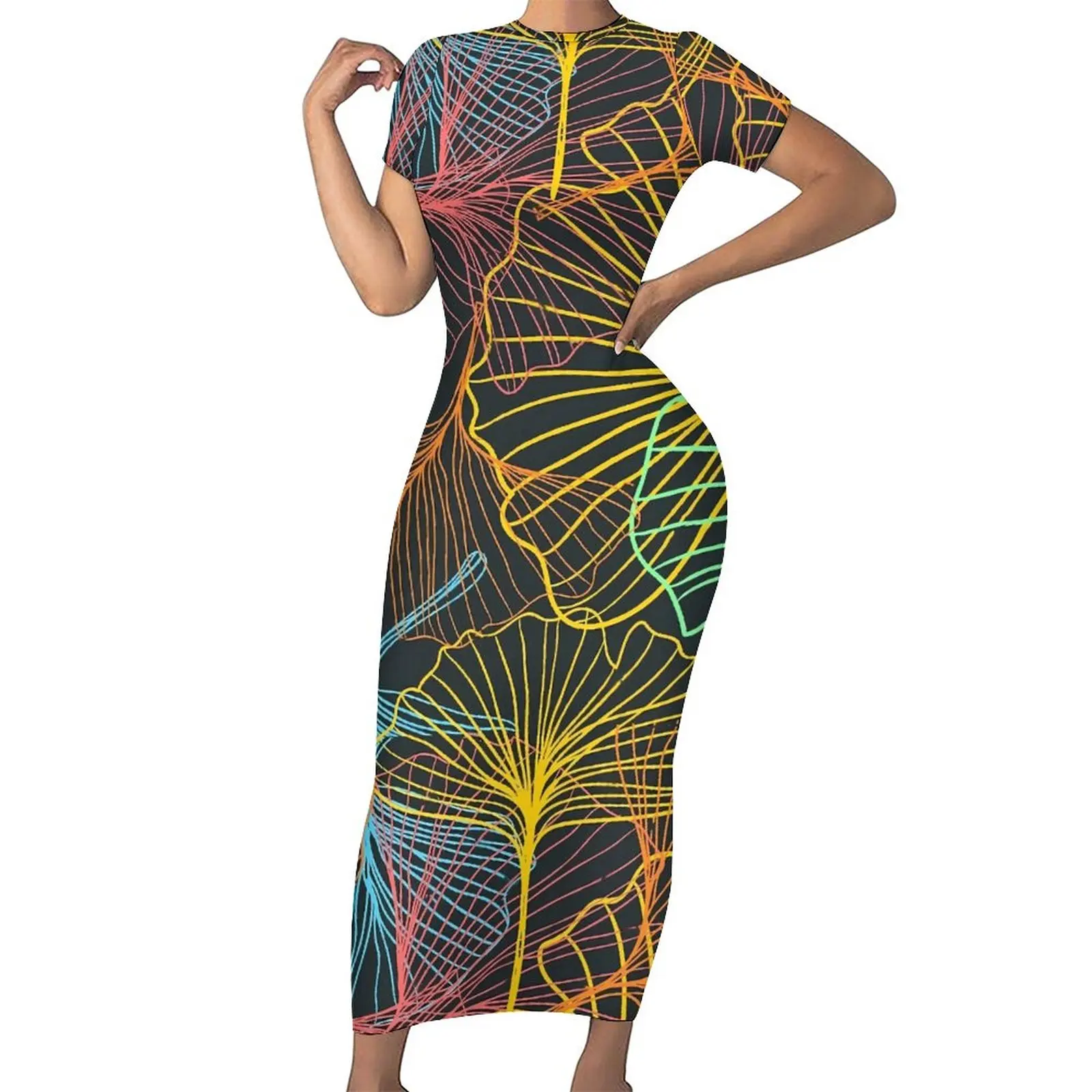 

Colorful Ginkgo Biloba Dress Short Sleeve Super Leaves Print Sexy Maxi Dresses Spring Fashion Custom Bodycon Dress Big Size