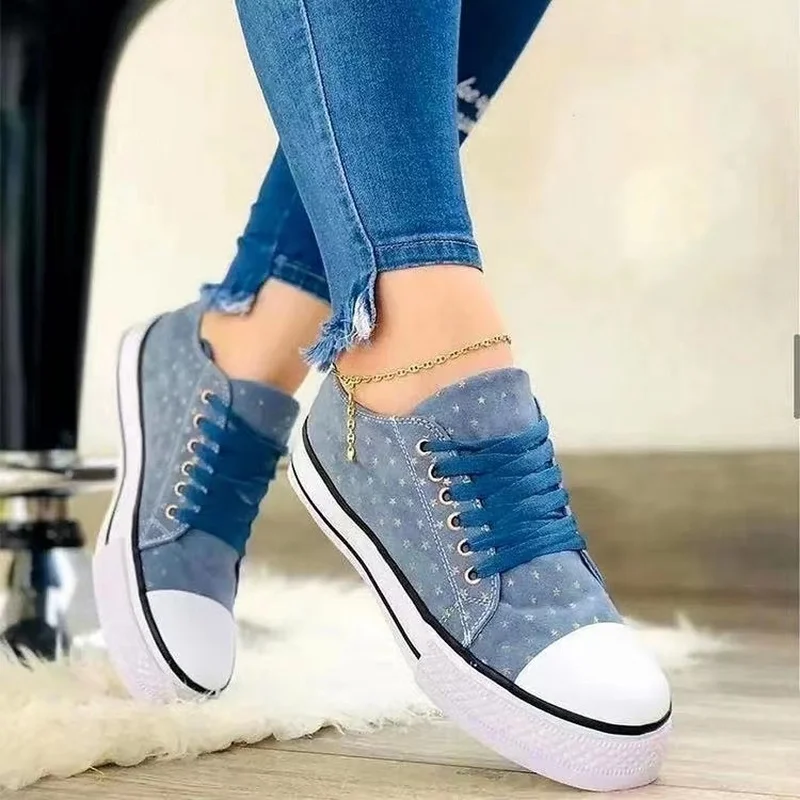 

Larged-Size Flats 2021 Autumn New Round Toe Ladies Lace Up Casual Denim Canvas Shoes Home Outdoor Female Walking Sport Sneakers