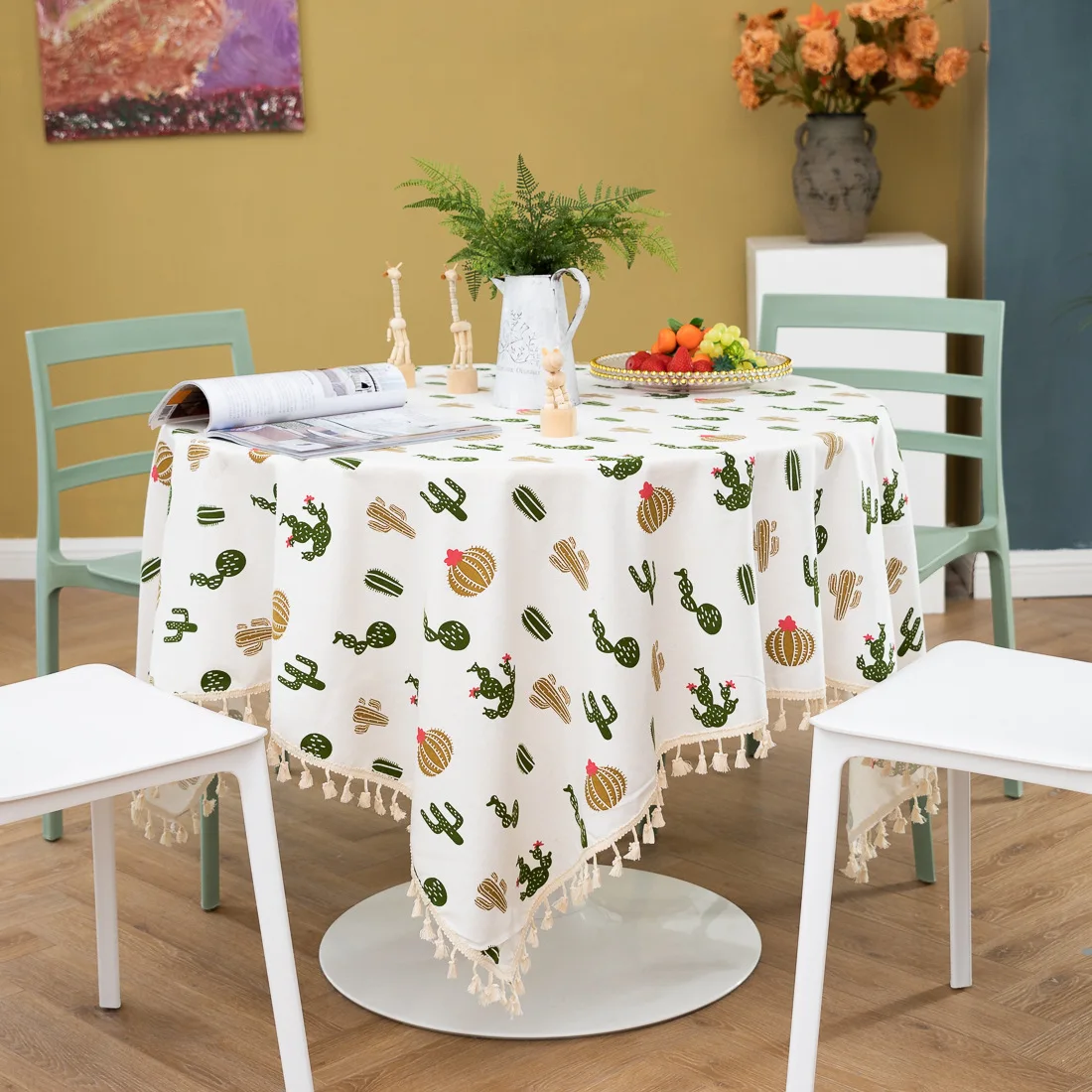 

White Tablecloth Printed Plant Flower Pastoral Fresh Rectangular Table cloth Cactus Pattern coffee table tassels cover