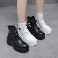 chunky platform ankle boots for women 2022 autumn winter thick bottom lace up shoes woman retro black pu leather short boots