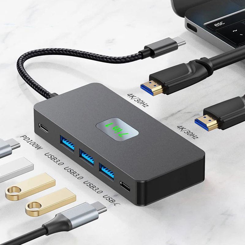 Фото USB C-концентратор, 4K, переключатель управления, 3 монитора, преобразователь синхронного дисплея, 4 порта, USB-диск типа C, адаптер расширения PD 100 Вт, зарядная док-станция №4