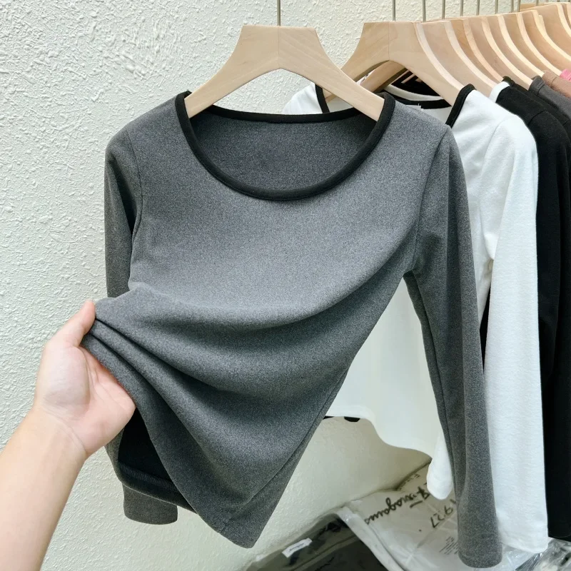 Осень/зима 2023 новый двусторонний флисовый женский тонкий топ с длинными рукавами