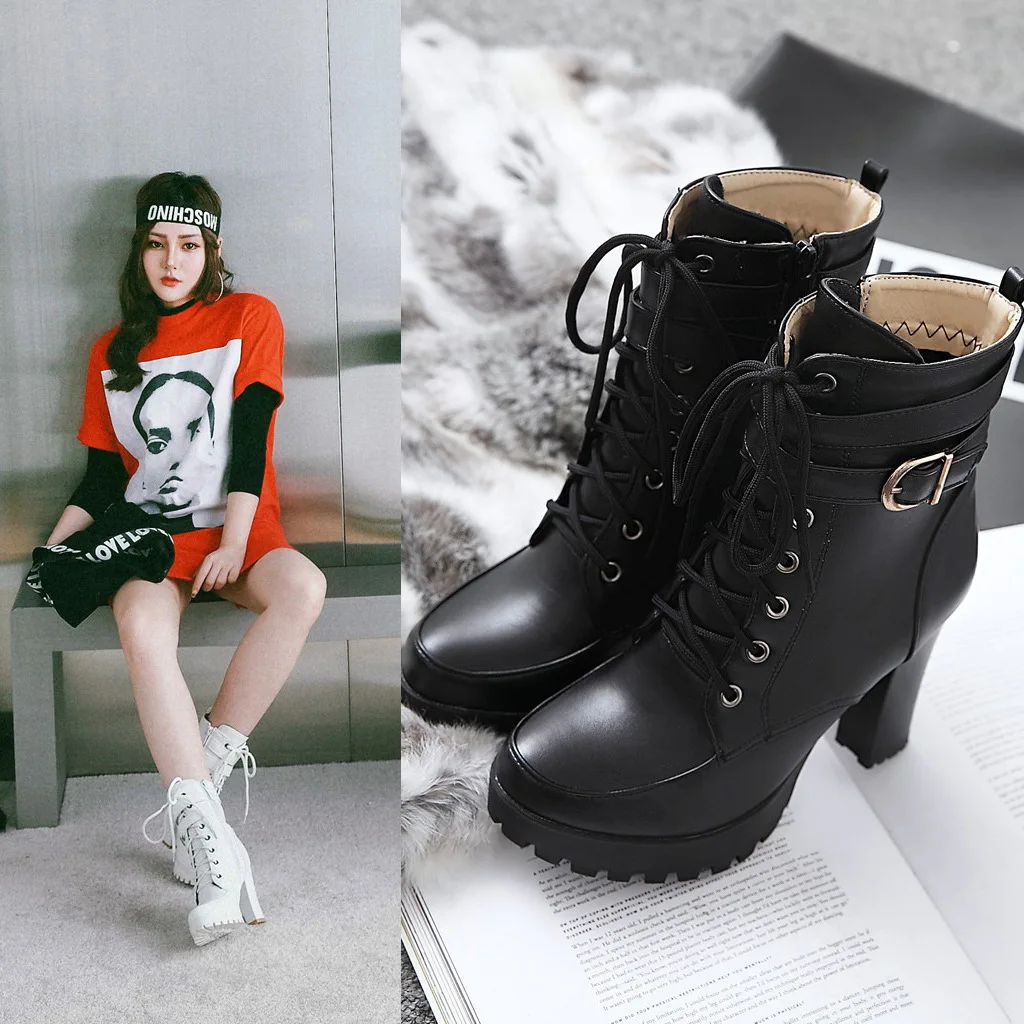 Spring White Black Ankle Platform Motorcycle Boots Women Lace Up Chunky Heel Belt Buckle Pocket Fashion Shoes Women Boots