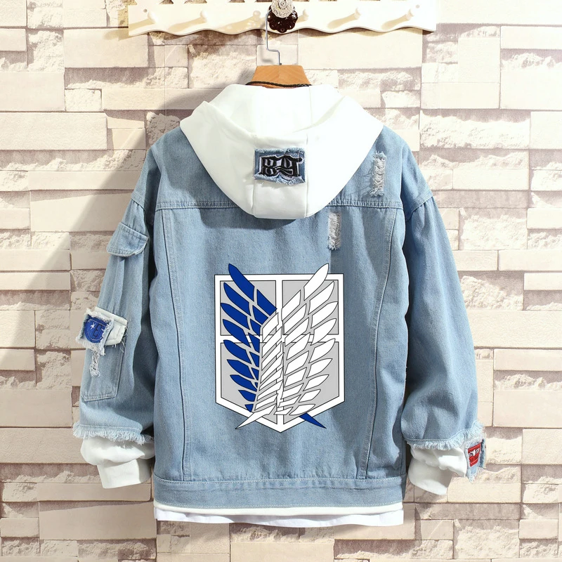 

Attack On Titan Bf Wind Trend Men Hooded Clothes Fake Two Denim Jackets