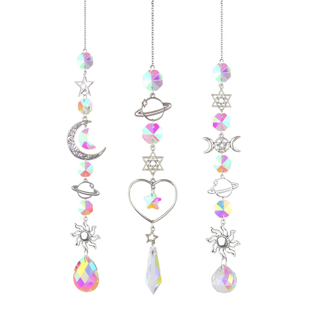 

Durable Wind Chime Garden Decorations Light Catchers Moon Star 38~45 Cm 3Pcs Colorful Crystal Material Balcony