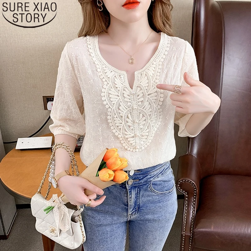 

Short Sleeve Loose Tops Summer Blouse Casual Women Lace Shirt Sweet O-Neck Clothing Elegant Hollow Embroidery Flower Shirt 22341