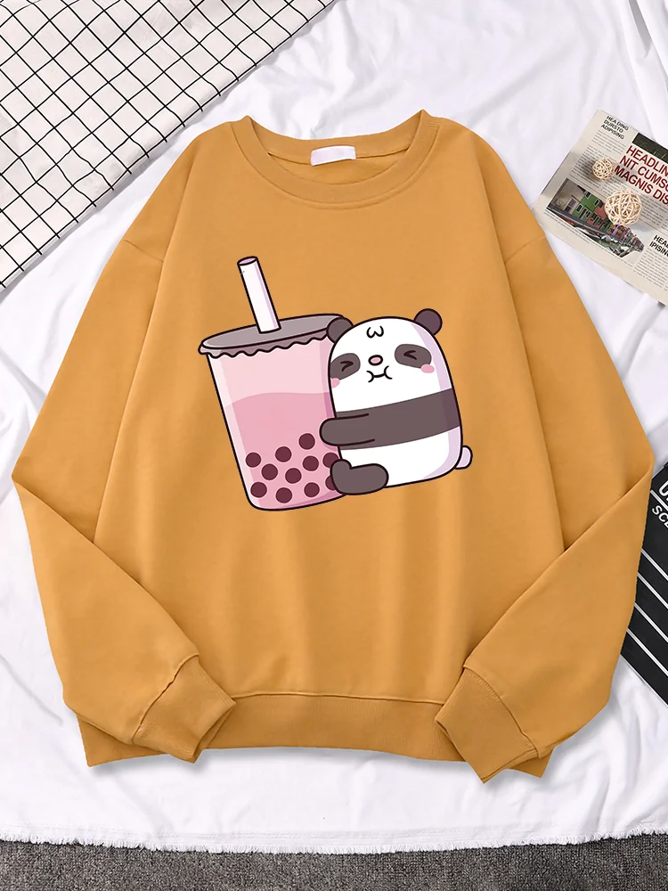 

Kawaii Panda And Its Favorite Bubble Tea Printed Men Clothes Fleece Oversized Sweatshirt Casual O-Neck Tops Cartoon Mens Hoody