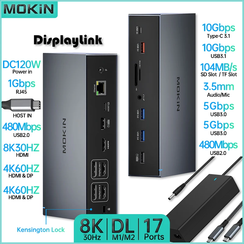 

MOKiN 17 in 1 Docking Station for MacBook Air/Pro, M1 / M2, iPad, Thunderbolt Laptops - USB3.0, HDMI 4K60Hz, SD, RJ45 1Gbps