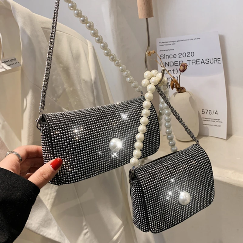 

Mini Crossbody Bag For Women Luxury Diamonds Bag Female Designer Luxury Pearl Chain Shoulder Bags Handbag Leather Pu Waist Pack
