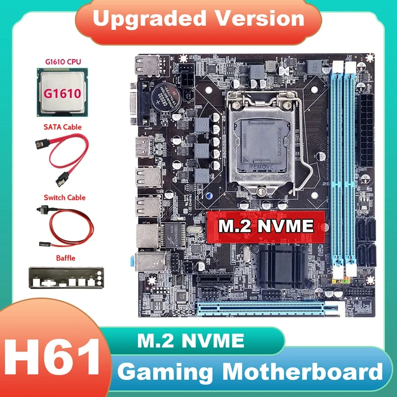 

H61 Motherboard+G1610 CPU+SATA Cable+Switch Cable+Baffle LGA1155 M.2 NVME DDR3 For Office For PUBG CF LOL Motherboard