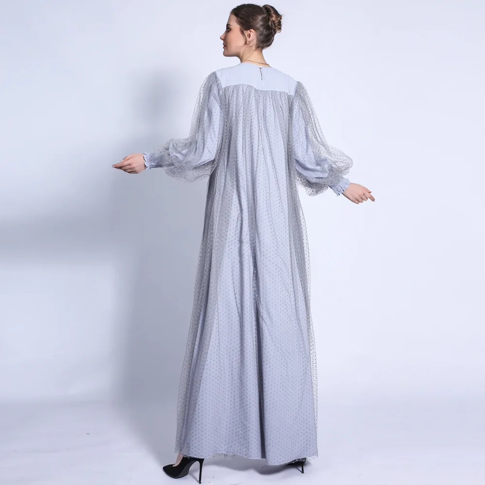 Arabic Abaya Dress Turkish Kaftan 2022 Wave Dot Mesh Lantern Sleeve Lace Up Muslims Women Islamic Clothing Prom Dresses Vestidos