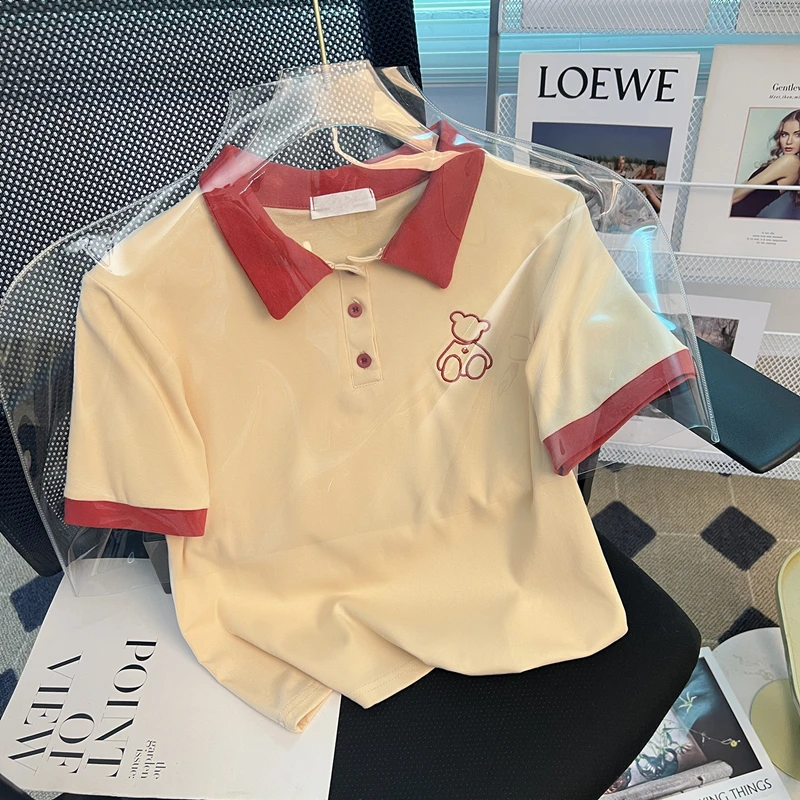 

Polo Neck Embroidered Short Sleeved T Shirt For Women Summer 2023 New Style Design Sense Small Crowd Lapel Tees