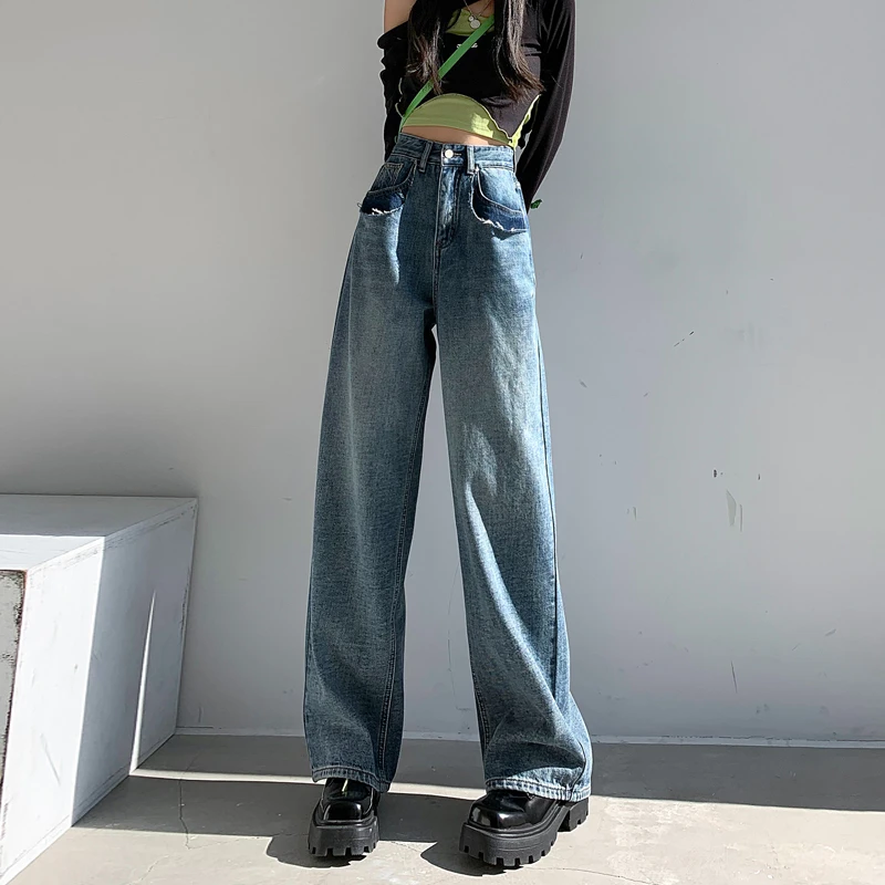 High Waisted Jeans For Women Blue Straight Wide Leg Denim Pants Trousers Mom Jeans Baggy Cowboy Trousers New Fashion Spring