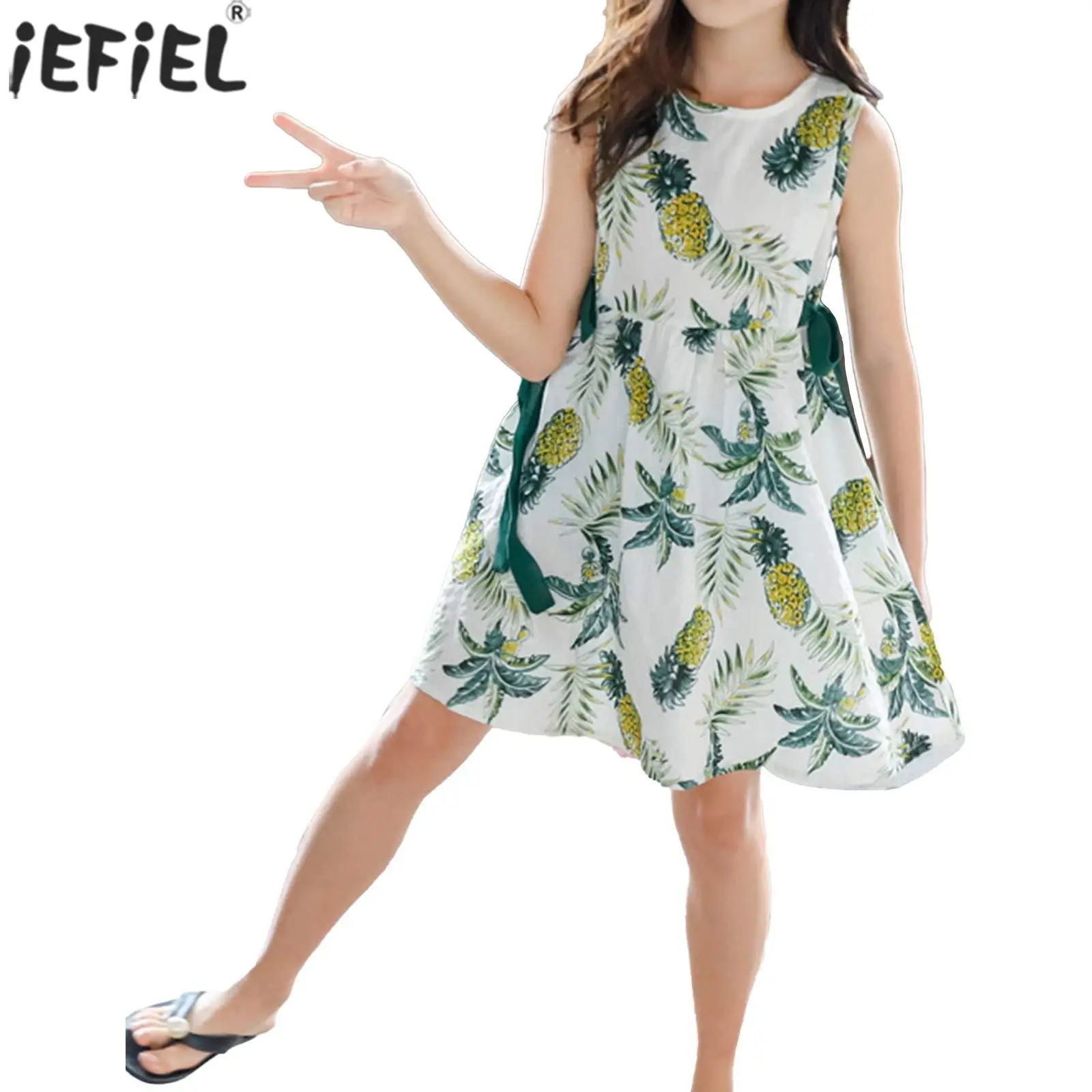 

Kids Girls Vacation Dresses Tropical Leaves Print Sleeveless Round Neck A-line Dress for Child Daily Casual Beach Vacation Wear