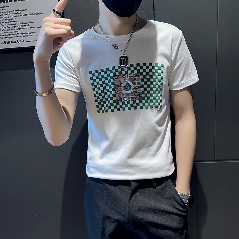 

Fashion Plaid Print T Shirts Men 2022 Summer Short Sleeve Slim Casual T-Shirt Korean Round Neck Tee Tops Streetwear Men Clothing