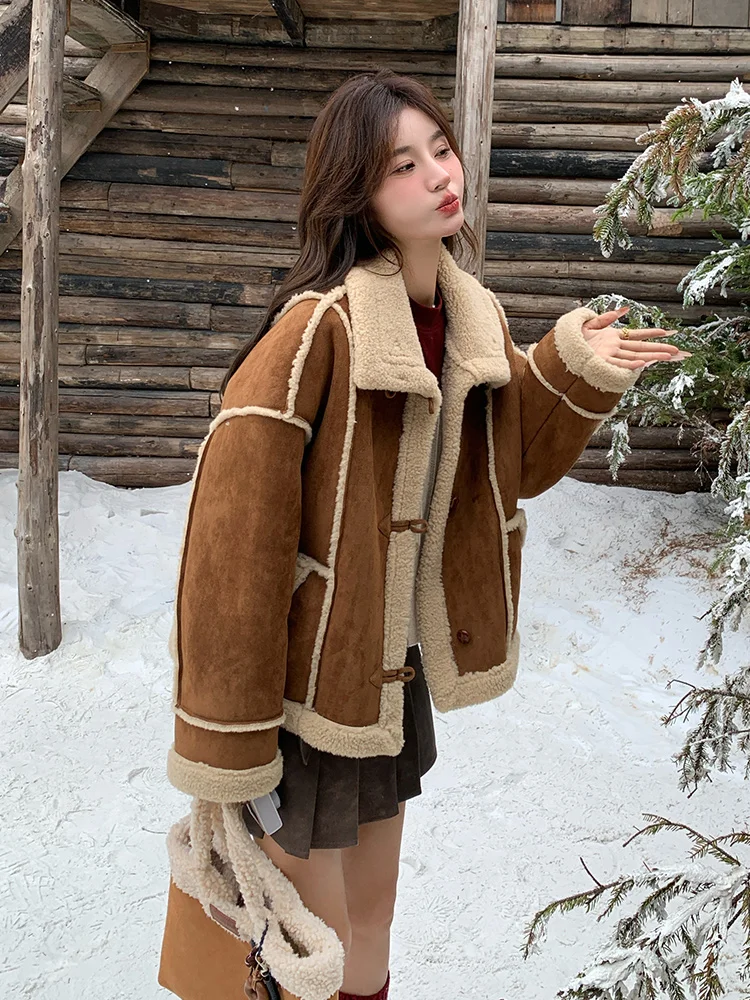 Корейская серия верхняя одежда из меха в стиле ретро женская овечьей шерсти