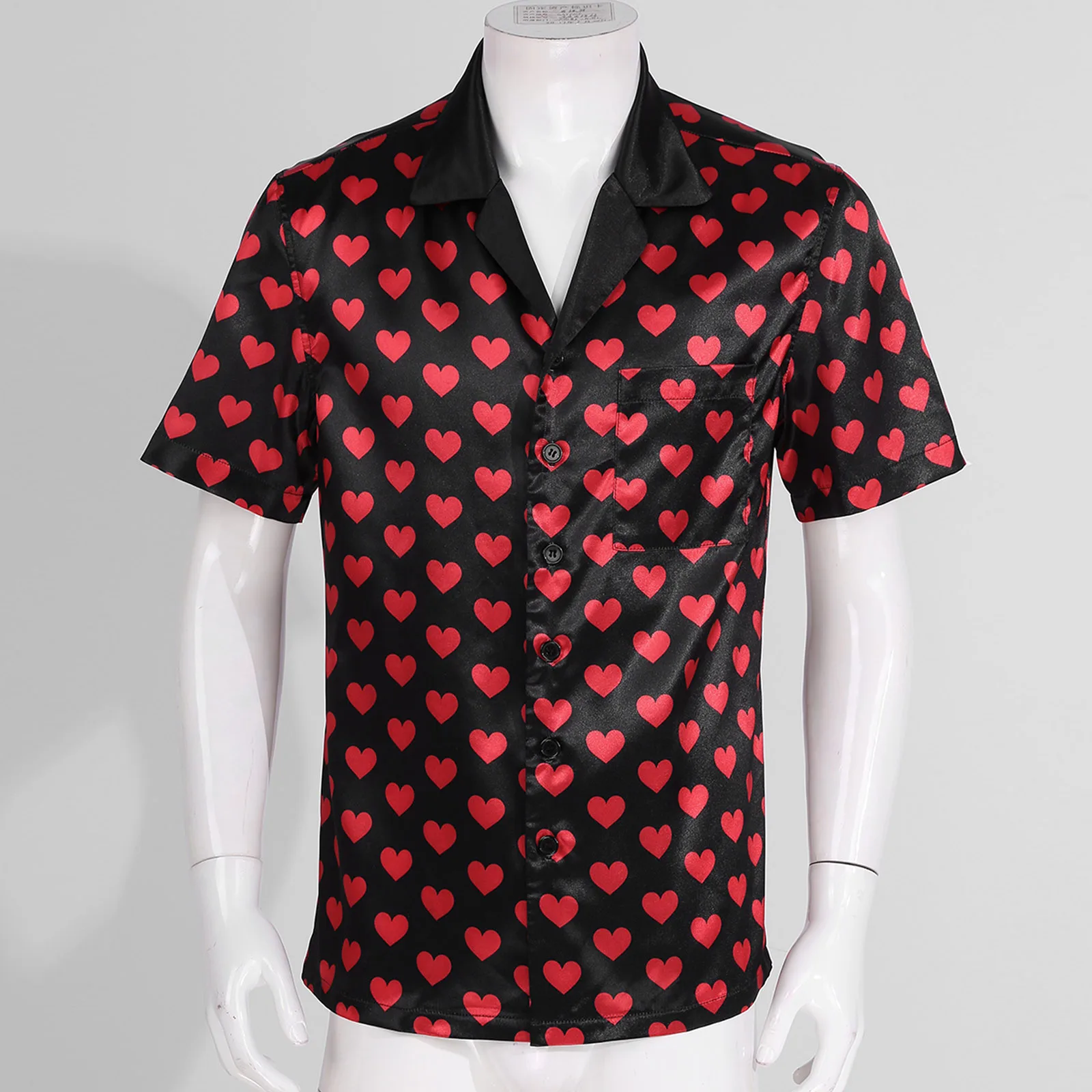 Men's Satin Nightgown Sleep Shirt Heart Printed  Silky Short Sleeve Button Down Pajamas Nightwear Pjs Homewear Loungewear