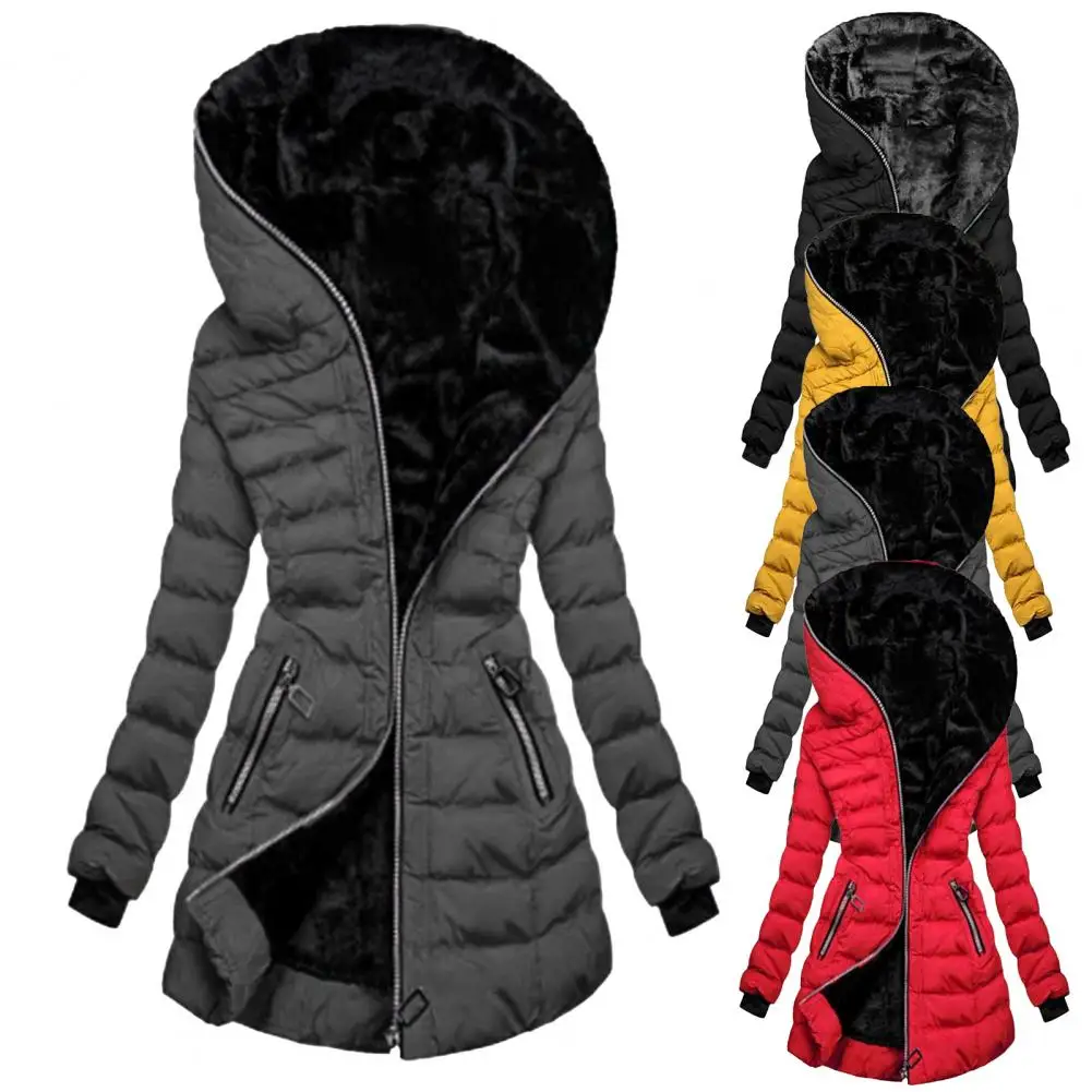 Winter New in Hooded Coat Solid Color Zipper Closure Slim Waist Hooded Quilted Women Overcoat for Outdoor
