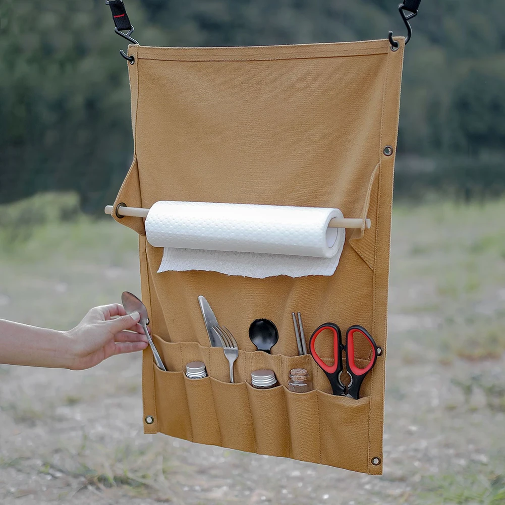 

Camping Tableware Storage Bag Multi Pocket Canvas Portable Towel Storage Rack Outdoor Hiking Cutlery Hanging Holder