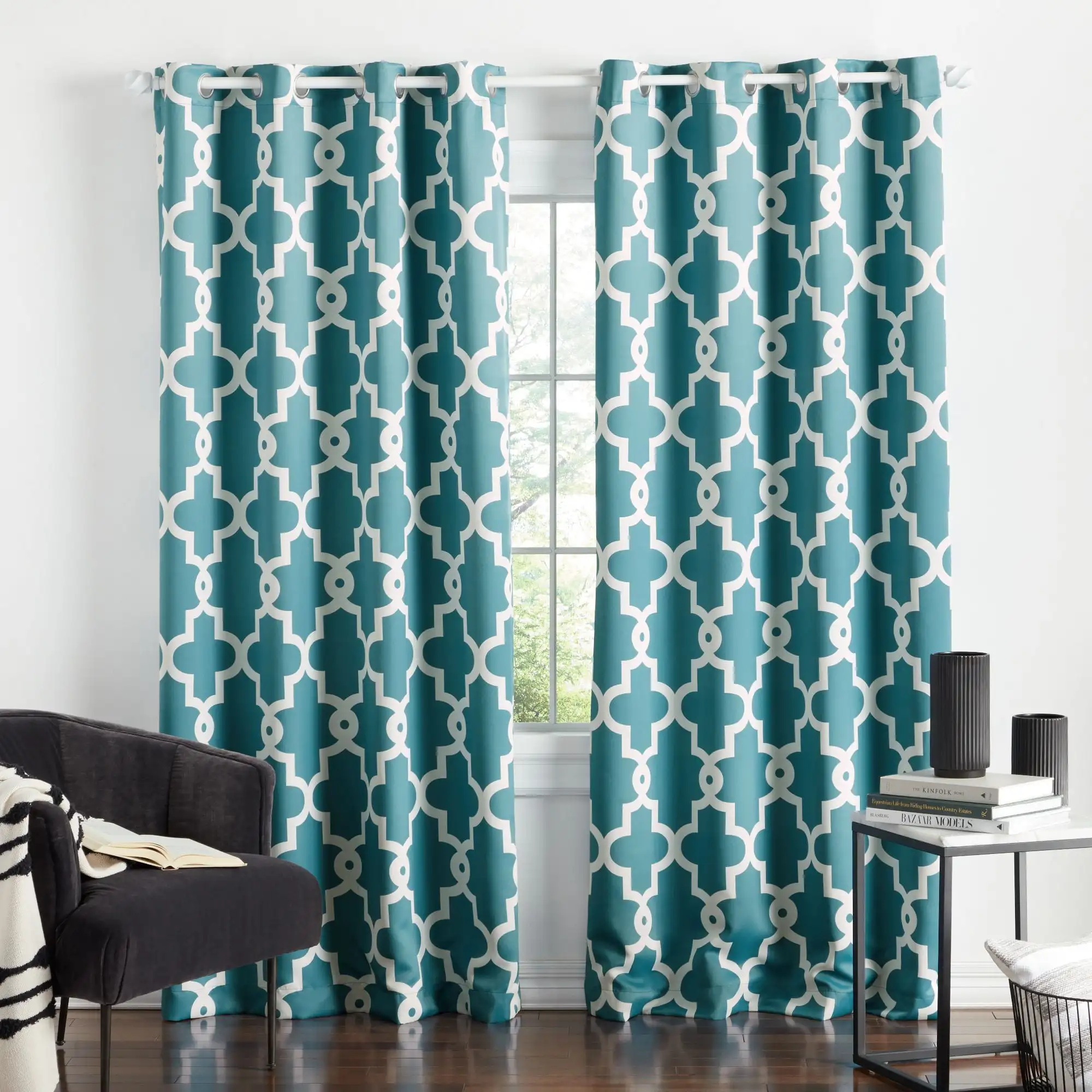 

Curtains Ironwork Sateen Woven Room Darkening Blackout Grommet Top Curtain Panel Pair, 52x84, Teal