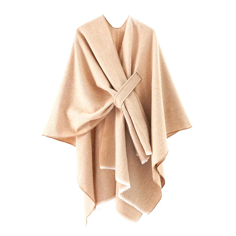 

Women Elegant Solid Color Wrap Faux Cashmere Cloak Coat Scarf Knitted Shawl Loose Poncho Winter Thick