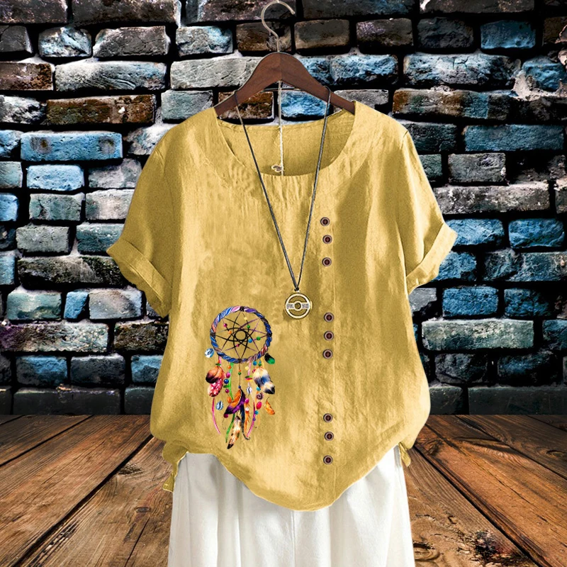

2022 Fashion Casual Multicolor Dreamcatcher Print Short Sleeve Retro Breathable Loose Cotton Linen Plus Size Solid Tops XS-5XL