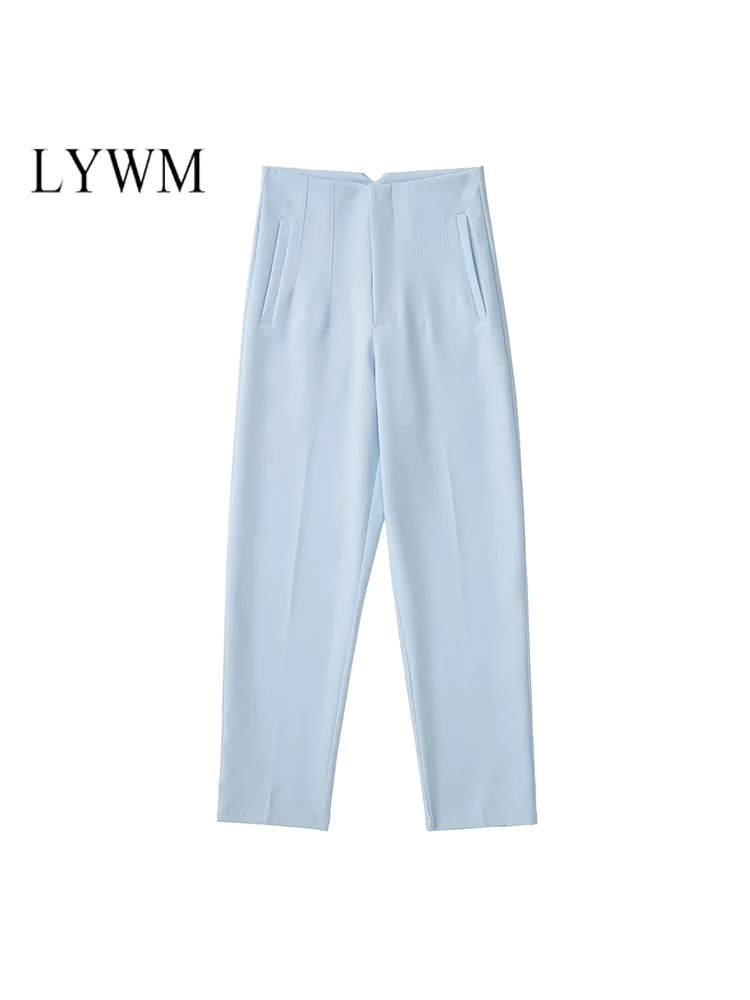 

LYWM Women Fashion Office Lady Straight Pants Pockets Vintage Front Slit Zipper Fly Female Trousers Mujer Chic Outfits