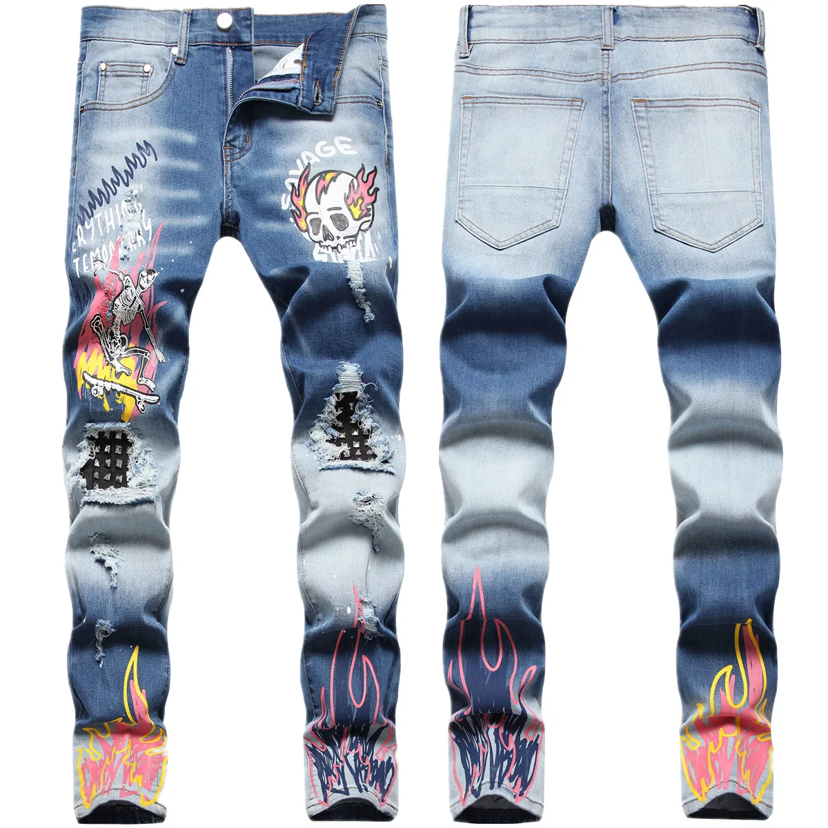 

Men Skull Flame Printed Denim Jeans Streetwear Skateboard Rivet Punk Stretch Pants Ripped Patchwork Slim Straight Mens Trousers