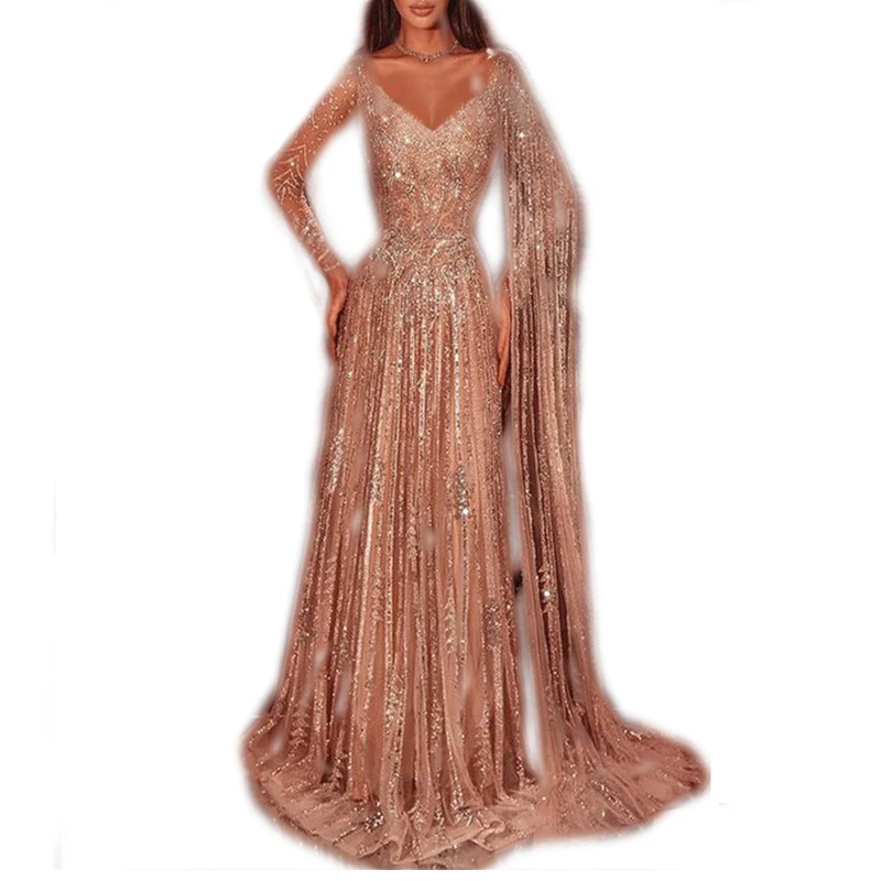 Luxury for Women Deep V Dress Slim Pink Long Sleeve Evening Dress Wedding Party Sexy Night Club Elegant Celebrity Ball Gown