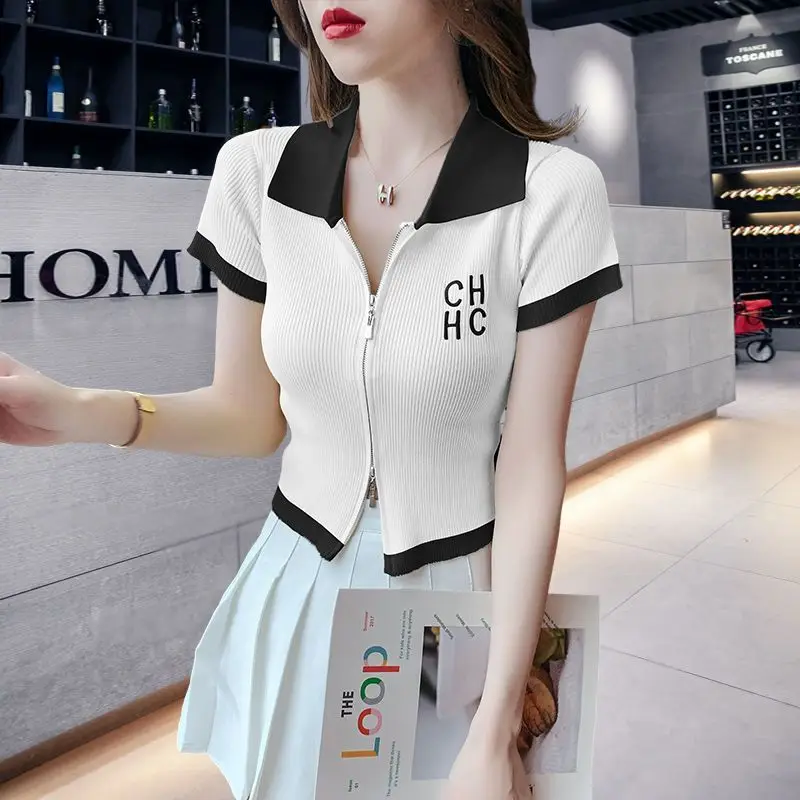 

Hikigawa Chic Fashion Women Double Zipper Summer Slim Cropped Contrast Color Short Sleeve T-Shirts All Match Knitwear Top Mujer