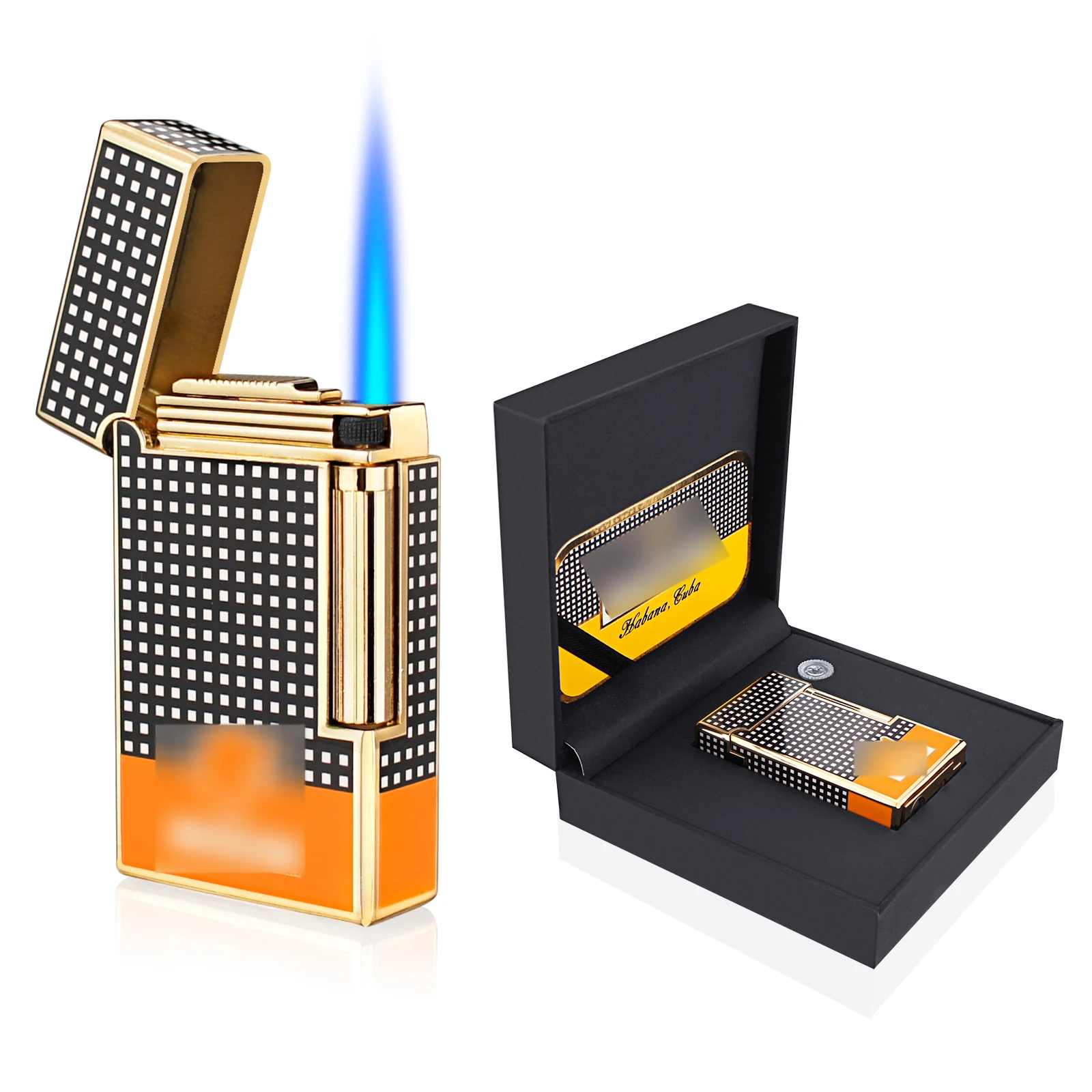 Metal Cigar Lighter Torch Jet Flame Refillable Butane Gas Flintstones Lighter with Cigar Punch Cigar Accessories for Gift Box