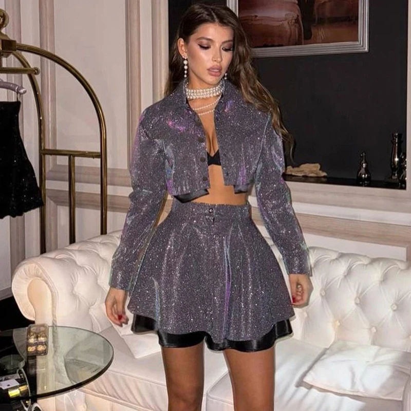 Модная юбка с пайетками комплект из двух предметов женский короткий топ