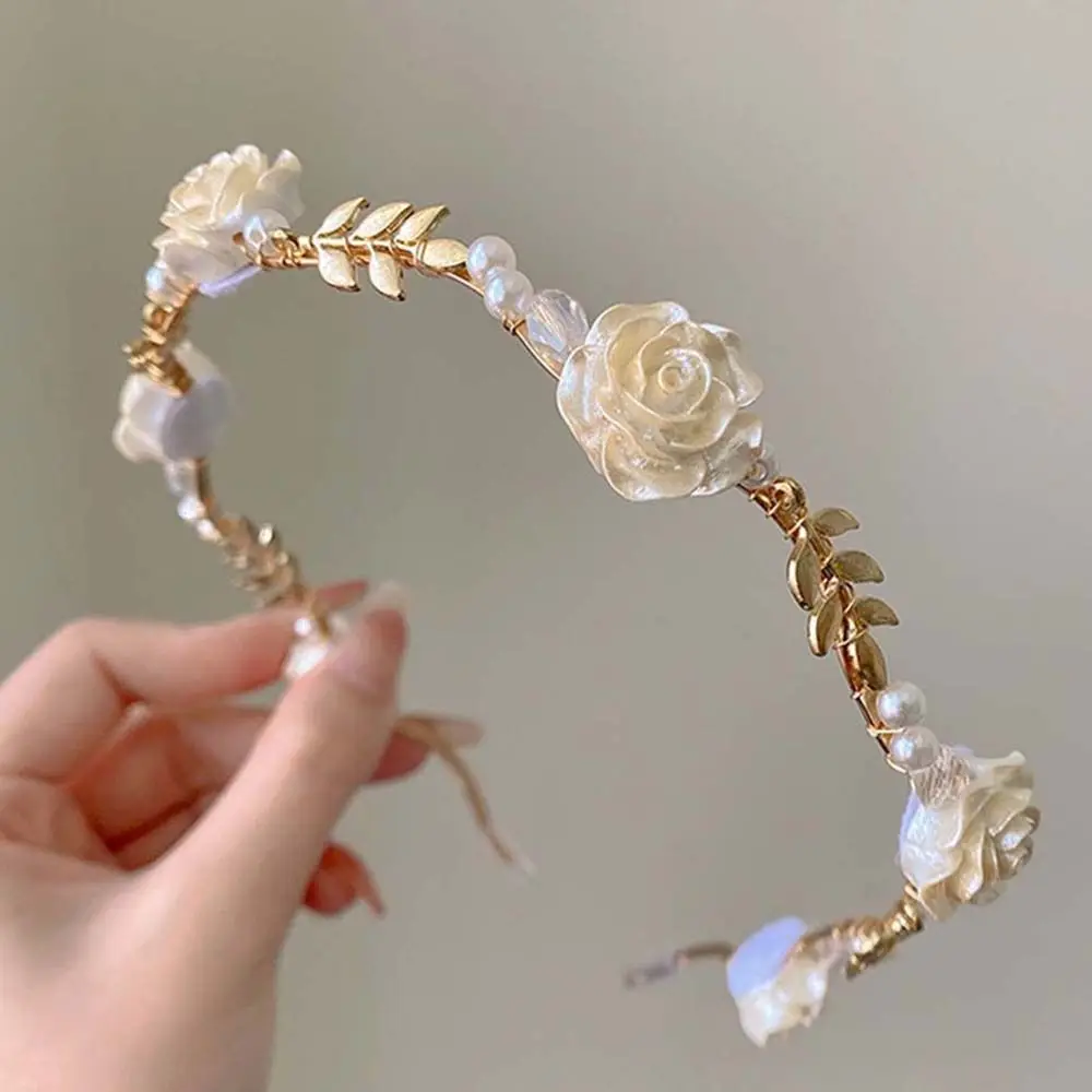 

Vintage Wedding Jewelry Birthday Gift Party Gold Rose Hair Hoop Korean Style Pearl Beads Hairband Women Headband