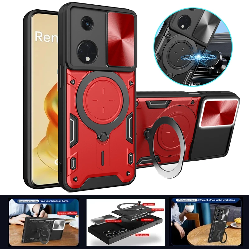 

For Oppo Reno8 T 5G Case Slide Camera Protect Phone Cases For Opo Orro Reno8T Reno 8T 8 T Magnetic Ring Holder Armor Back Cover