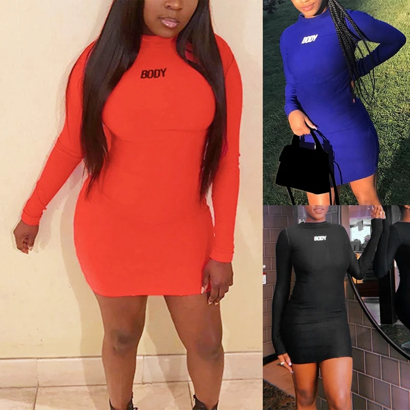 ASDS-Women's Fashion Sexy Round Neck Long Sleeve Letter Print Package Hip Ultra Short Dress