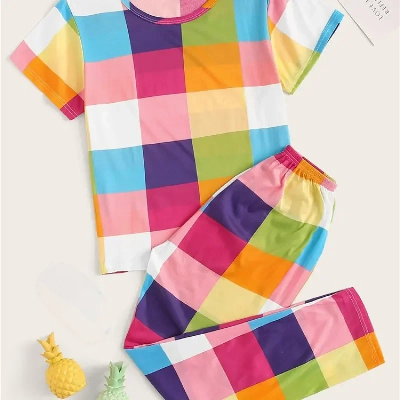 Пижамный комплект женский из 2 предметов мягкая клетчатая пижама с принтом