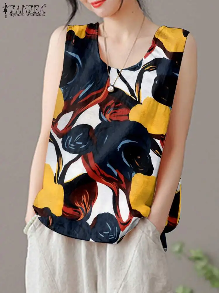 

Летняя богемная блузка без рукавов с круглым вырезом 2023 ZANZEA, женские майки, Повседневная Свободная пляжная рубашка, женские праздничные блузки, рубашка