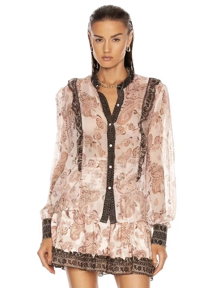 

Delocah High Quality Summer Women Fashion Runway Skirts Sets Lantern Sleeve Ruffles Shirts + Elastic Waist Lace Hem Skirts Suits