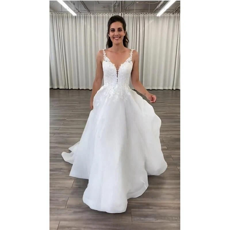 

Oragnza Lace V-Neck Floor-Length A-Line Wedding Dresses Chapel Train Custom Made Spaghetti Straps Bridal Gowns