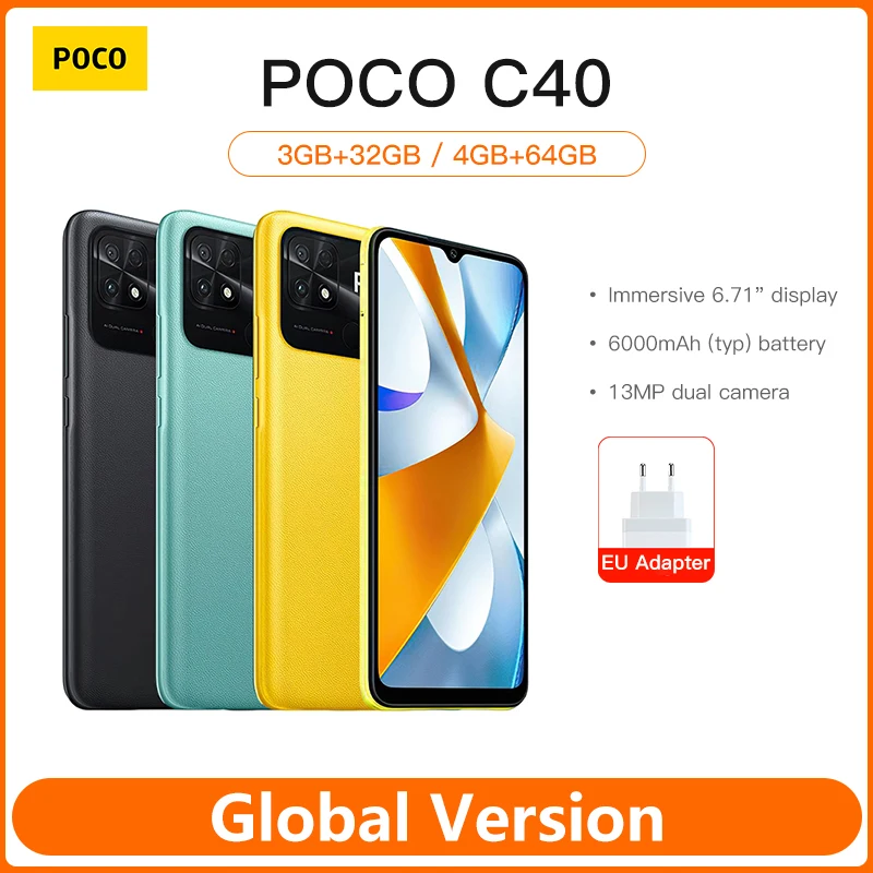 

Смартфон POCO C40, восемь ядер, экран 6,71 дюйма, двойная камера 13 МП, Аккумулятор 6000 мАч, FM-радио