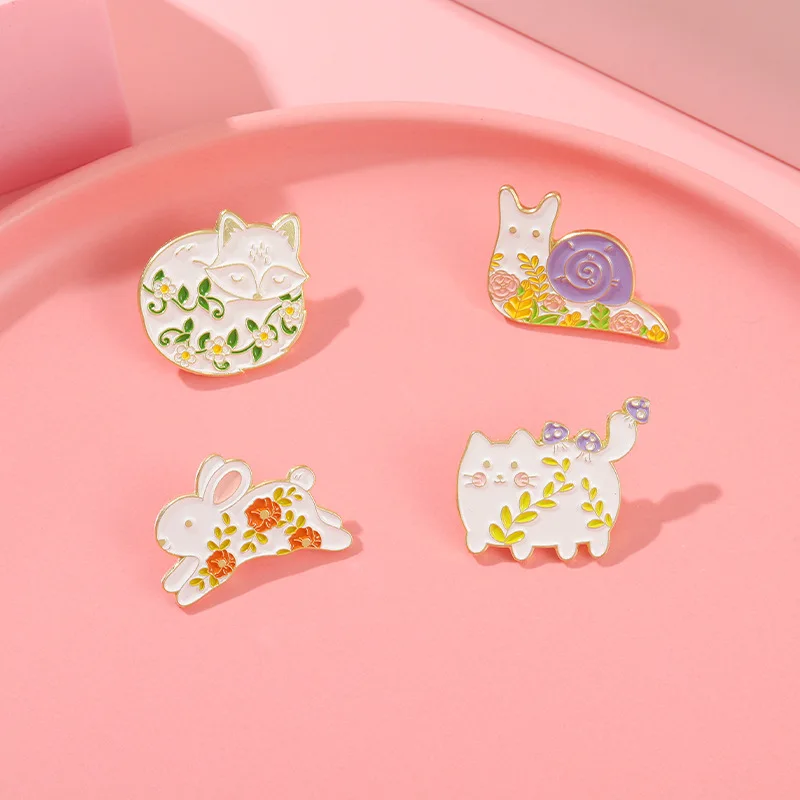 

20PCS Shrubbery Animal Enamel Pins Cat Fox Turtle Rabbit Snail Plant Brooch Lapel Badge Fun Cartoon Jewelry Gift for Kid Friend