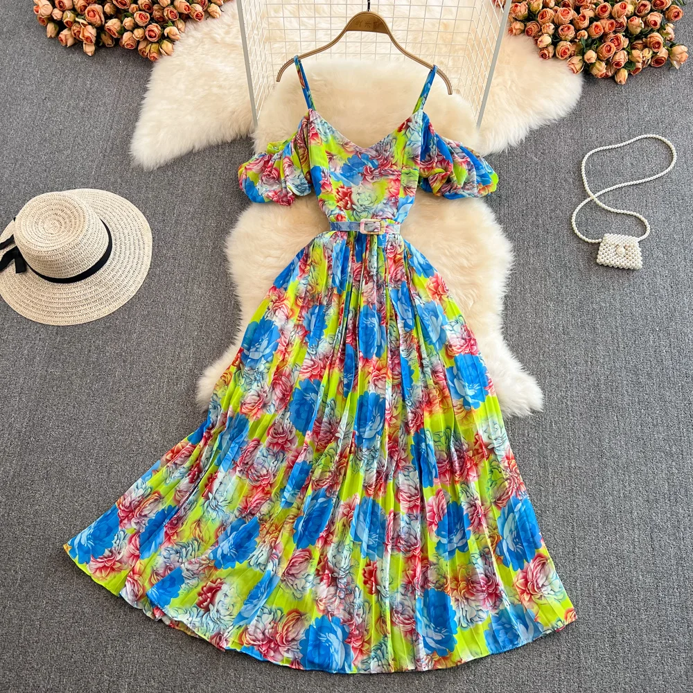 

Женское шифоновое плиссированное платье, длинное пляжное платье на бретелях-спагетти с V-образным вырезом и цветочным принтом в богемном стиле, 2022