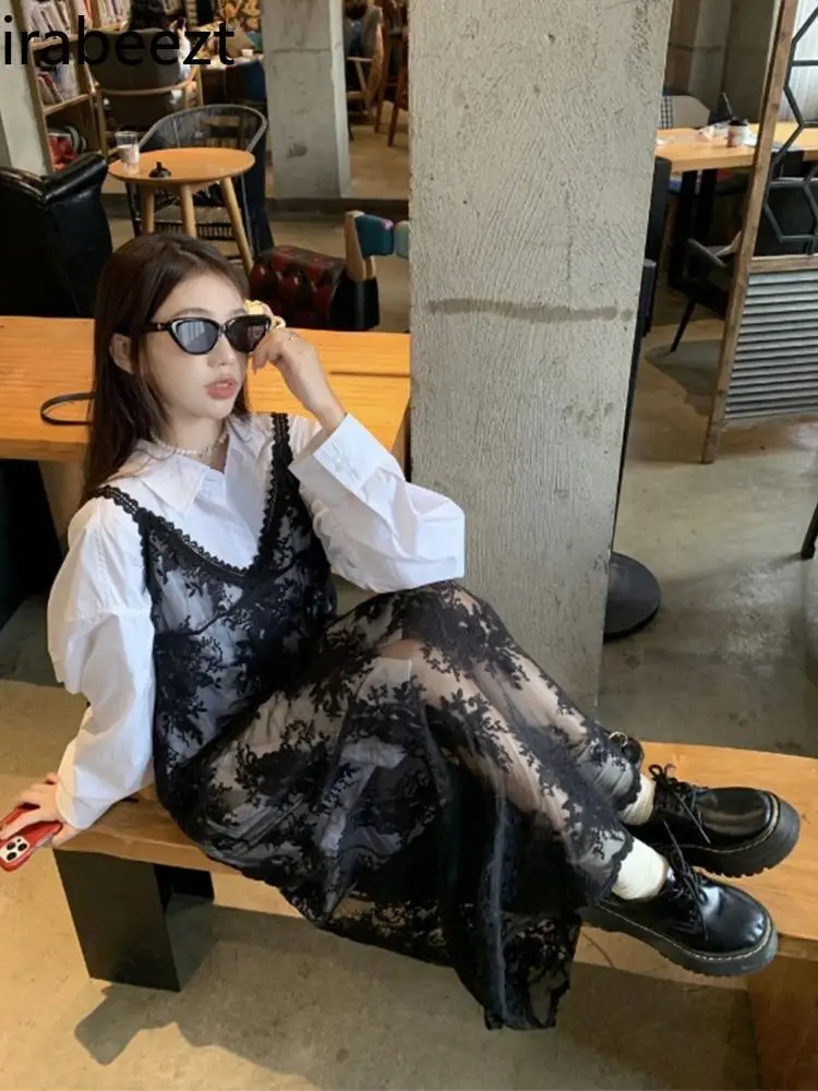 Женское длинное платье на бретельках черное большого размера с вышивкой и модным