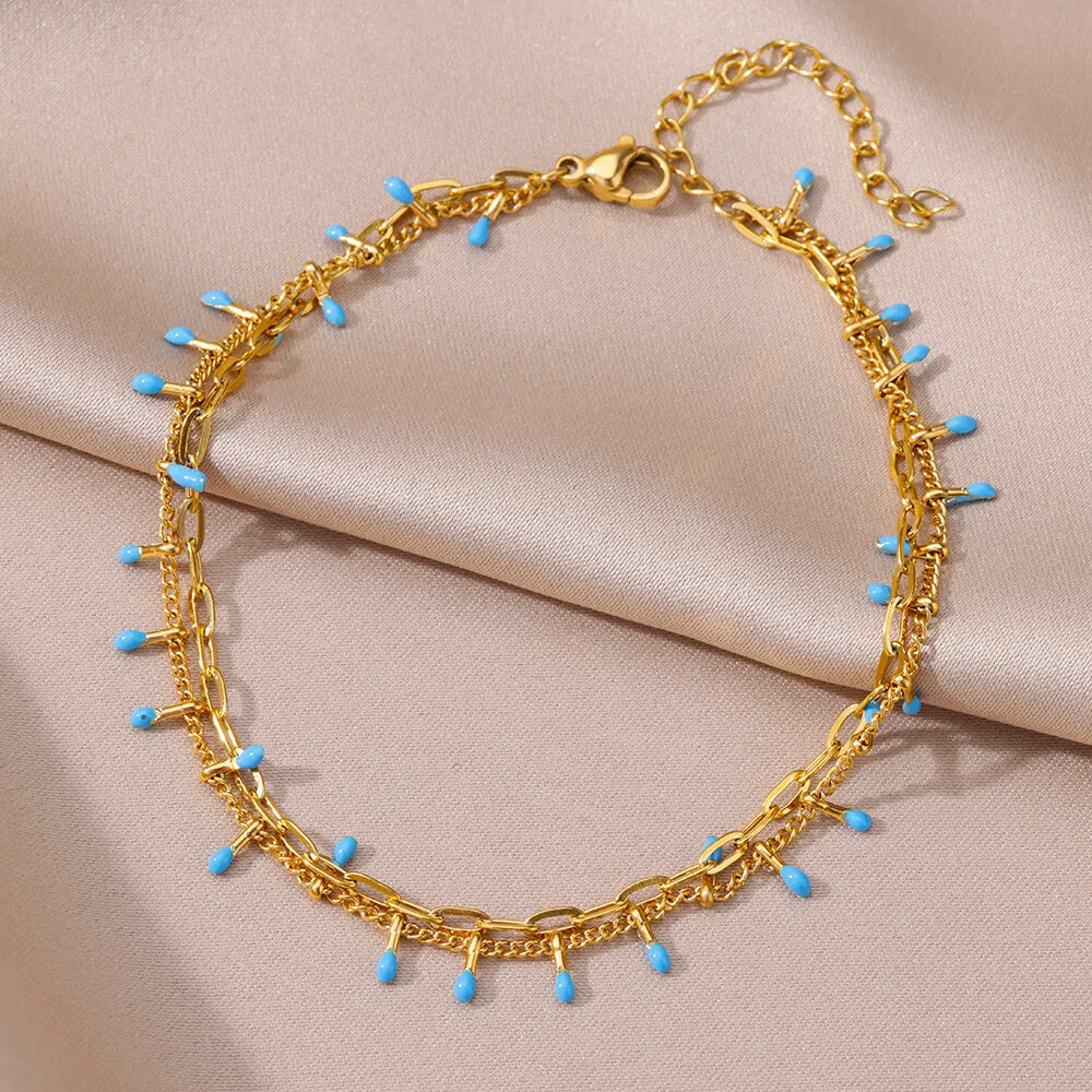 

Blue Beads Double Layer Anklets For Women Gold Color Stainless Steel Ankle Bracelet Female Foot Chain Jewelry Free Shipping