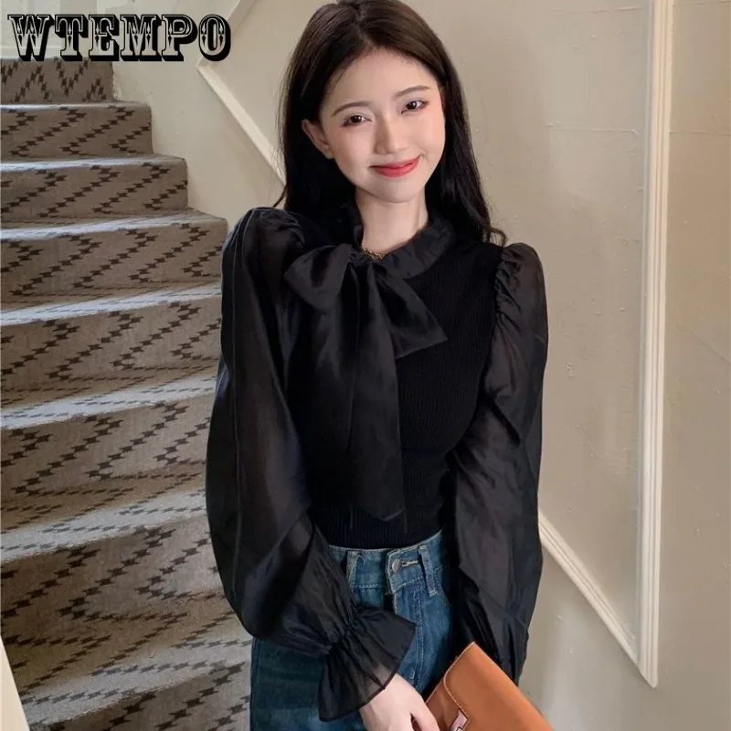 Модная рубашка WTEMPO с бантом Женская Лоскутная длинным рукавом и шнуровкой