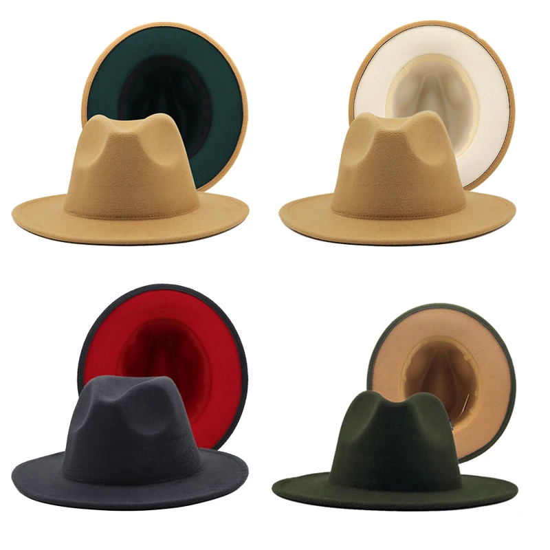 

1pc Unisex Double Side Patchwork Wool Felt Fedora Cap Men Women Flat Brim Blend Top Jazz Hats Panama Trilby Vintage Hat